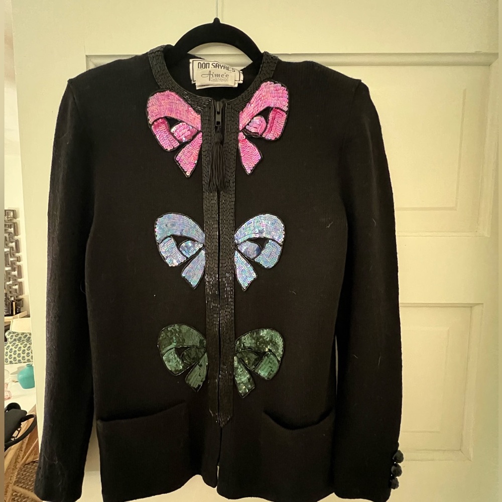 Vintage Black Cardigan with Colorful Bows
